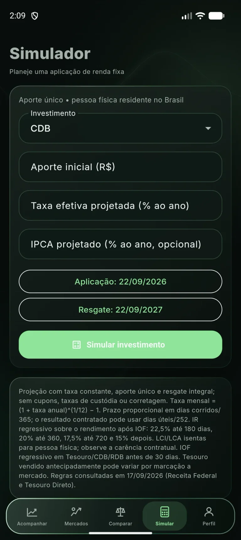 Simulador de renda fixa do aplicativo